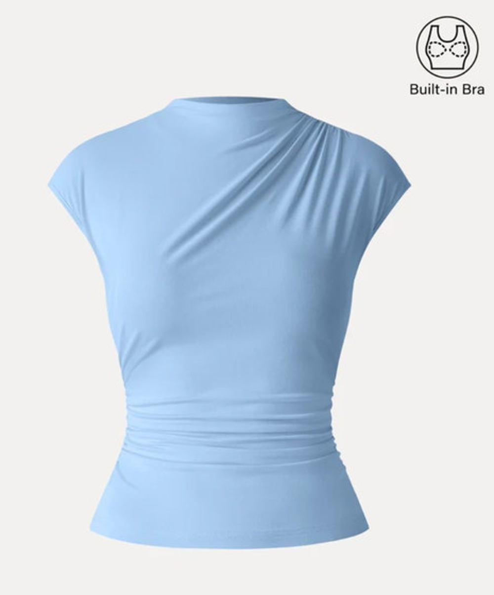 OGL Top Size L NEW Eco-SkinKiss Mockneck Ruched Cropped Bra Top Light Blue
